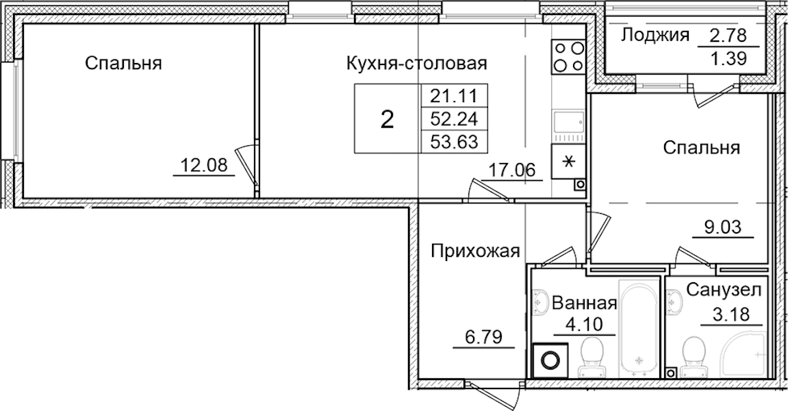 2-комнатная квартира 53.63 м², 2/9 эт., ЖК «Квартал Заречье»
